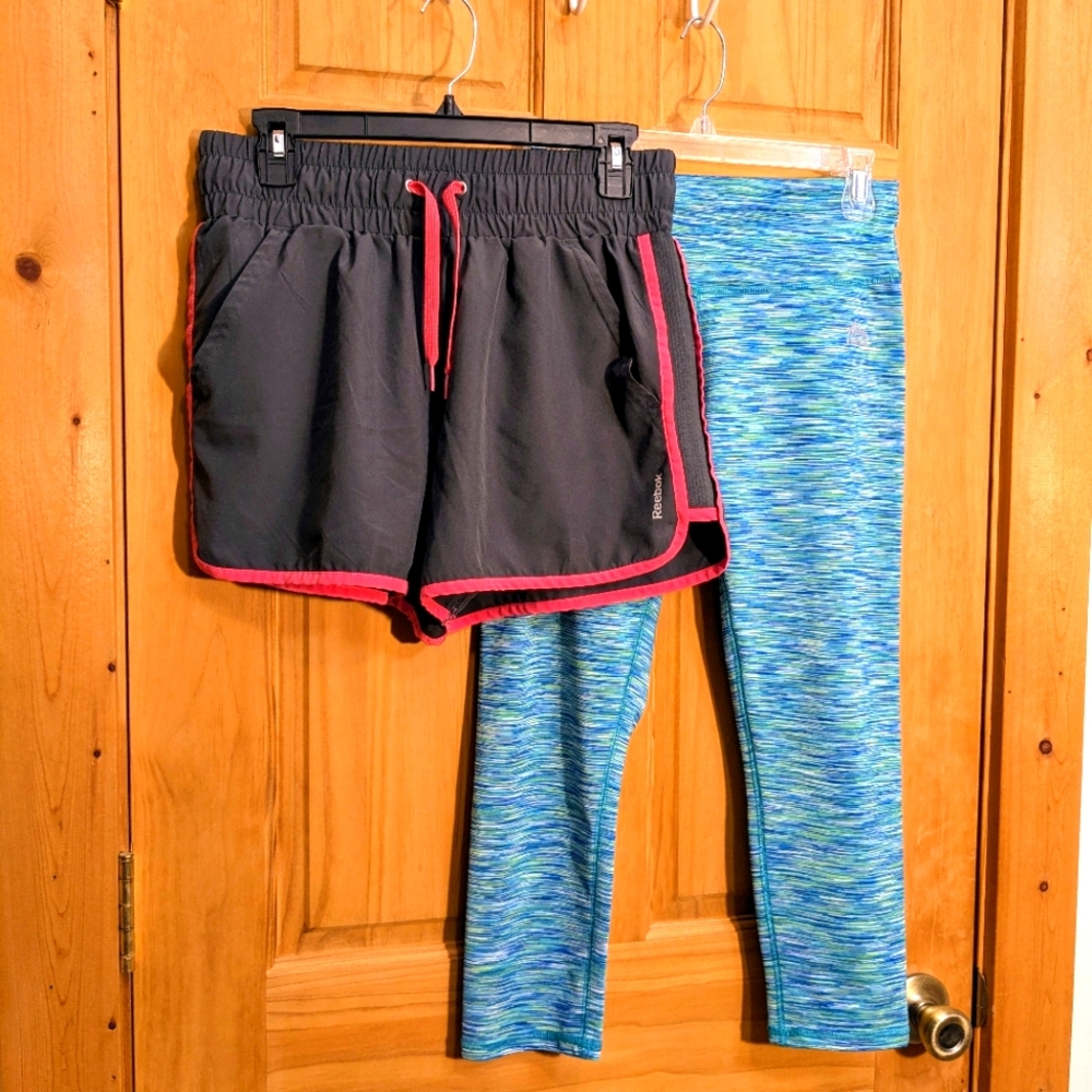 Reebok Bundle Women Medium Leggings Blue Green, Shorts Gray Pink Running Yoga